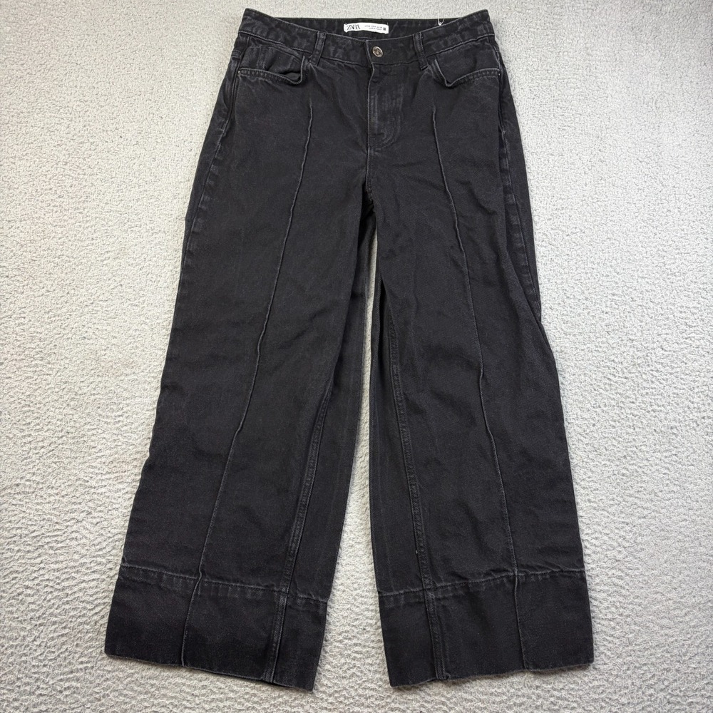 Zara Jeans Womens 4 Black Wide Leg Pintuck Seamed High Rise Cuffed Hem